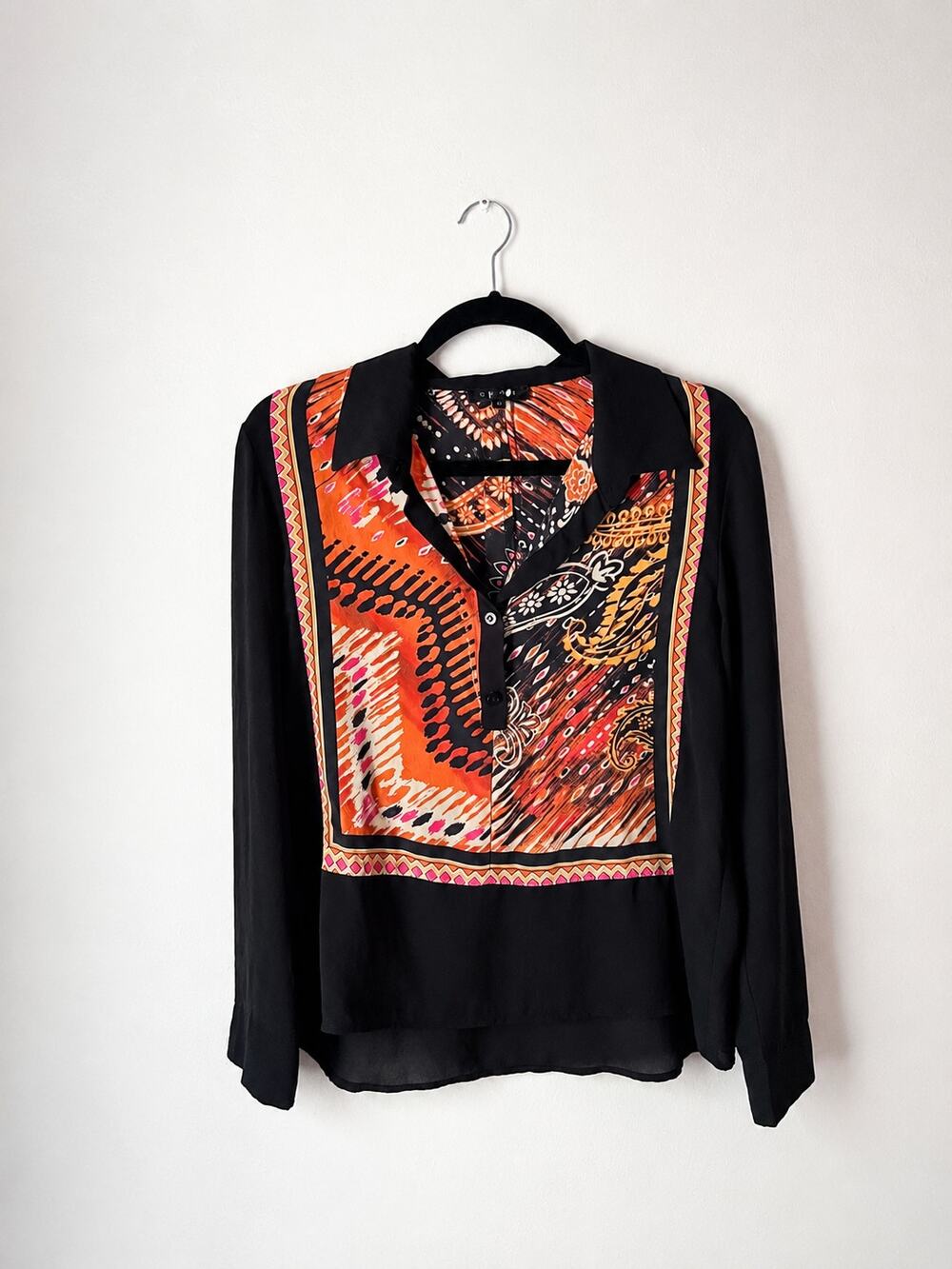 GLAM Abstract Paisley Print Sheer Blouse | Boho Y2K Collared Top